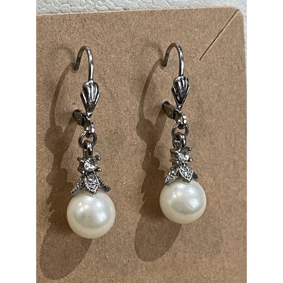 Vintage Pearl Drop Silver Hook Pierced Earrings Victorian Goth Regency - Picture 2 of 8